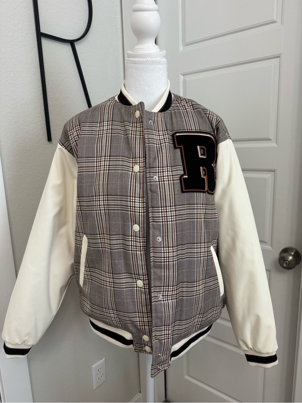 H&M Plaid Bomber Jacket with Cream Sleeves and Black 'R' Patch